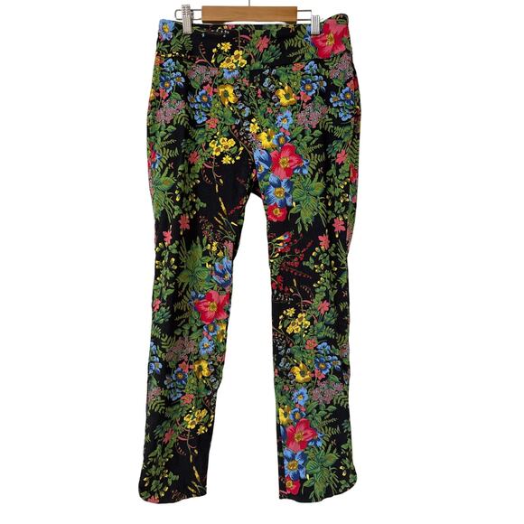 Soft Surroundings Small, Bright Floral Black Background Pants 2" Slit Curved Hem - Picture 1 of 6